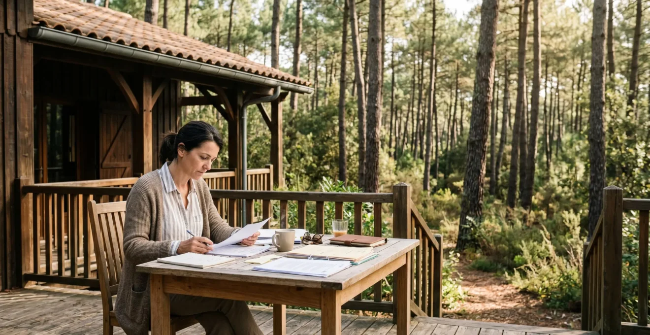 Propriétaire consultant des documents sur une terrasse en bois d'une villa landaise face aux pins, lumière matinale
