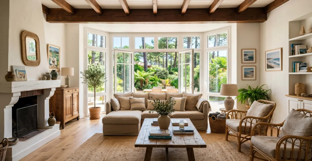 Intérieur lumineux d'une villa meublée à Hossegor avec canapé en lin, parquet clair et vue sur jardin de pins