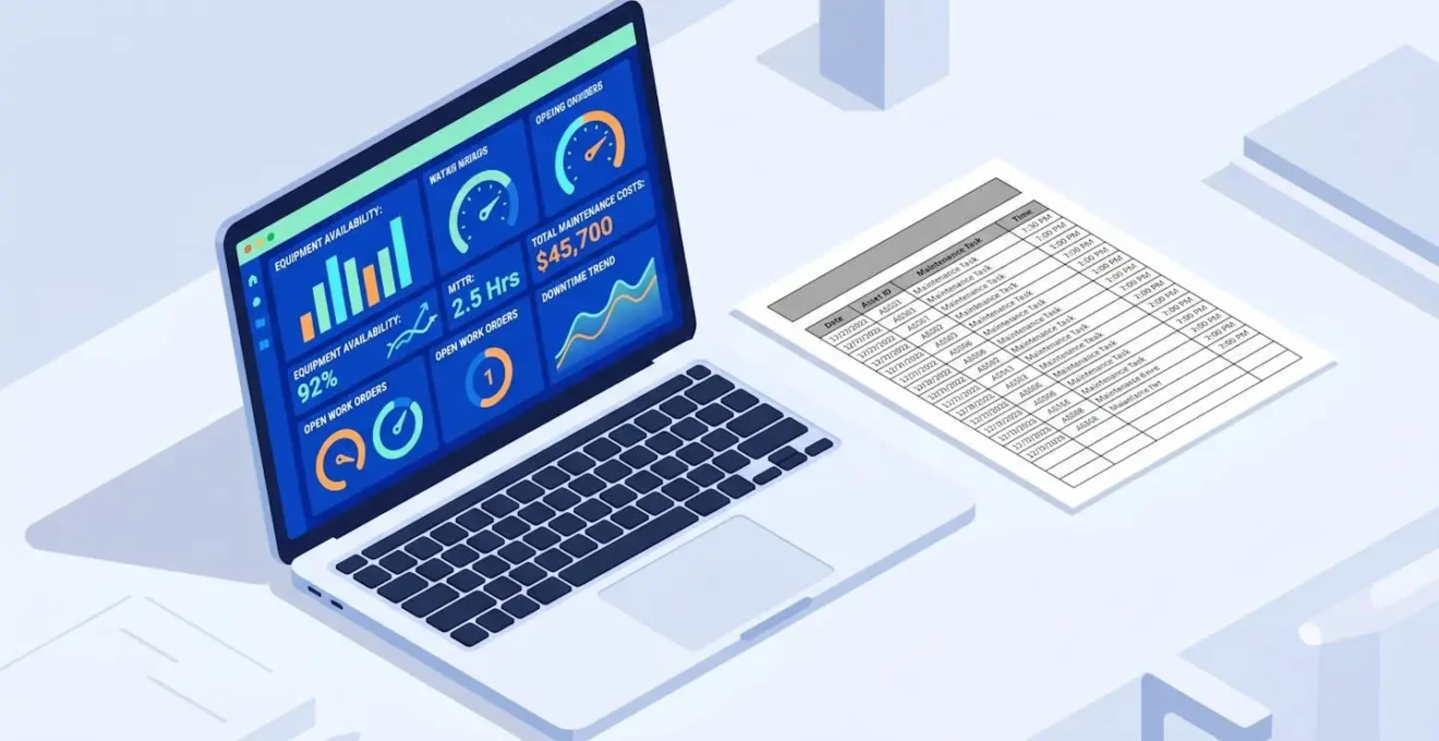 Illustration 3D d'un tableau de bord GMAO coloré sur écran, contrastant avec une feuille Excel statique, symbolisant la modernité des logiciels dédiés.