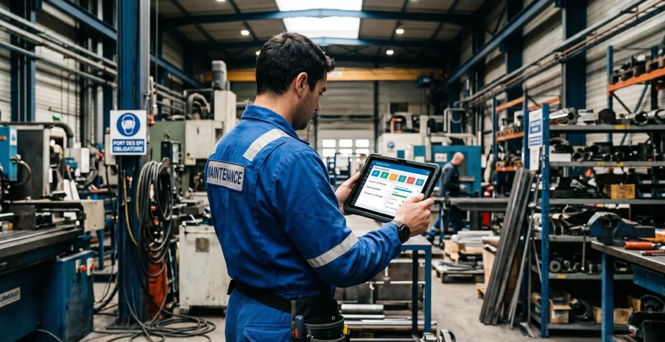 Technicien de maintenance consultant une application GMAO mobile sur tablette dans un atelier industriel, illustrant la mobilité et l'autonomie terrain.