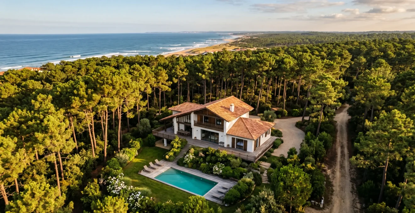 Villa contemporaine à Hossegor entourée de pins landais avec piscine, baignée de lumière dorée en fin d'après-midi