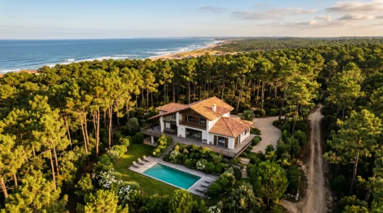 Villa contemporaine à Hossegor entourée de pins landais avec piscine, baignée de lumière dorée en fin d'après-midi