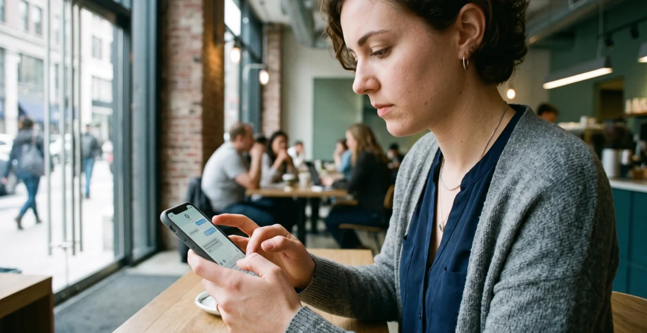 Personne utilisant son smartphone pour partager un code de parrainage bancaire via messagerie dans un environnement urbain
