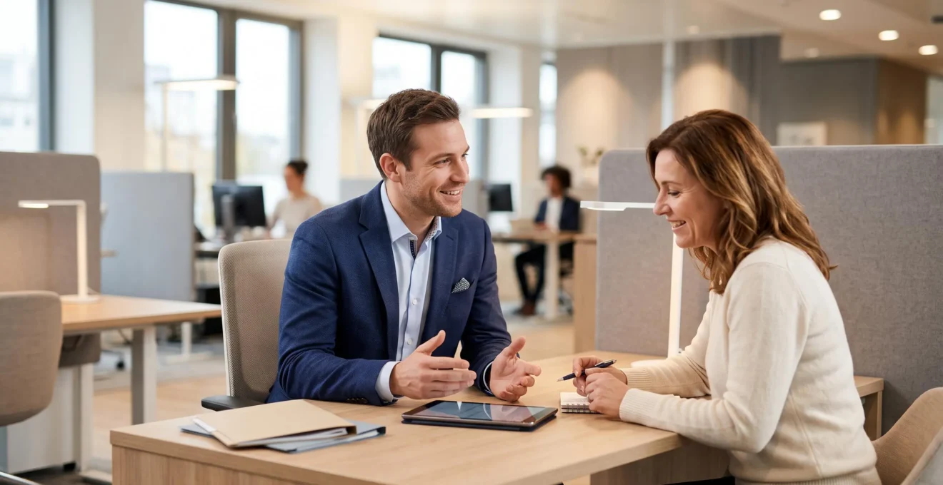 Client et conseiller bancaire en discussion dans une agence moderne, illustrant la relation de confiance personnalisée